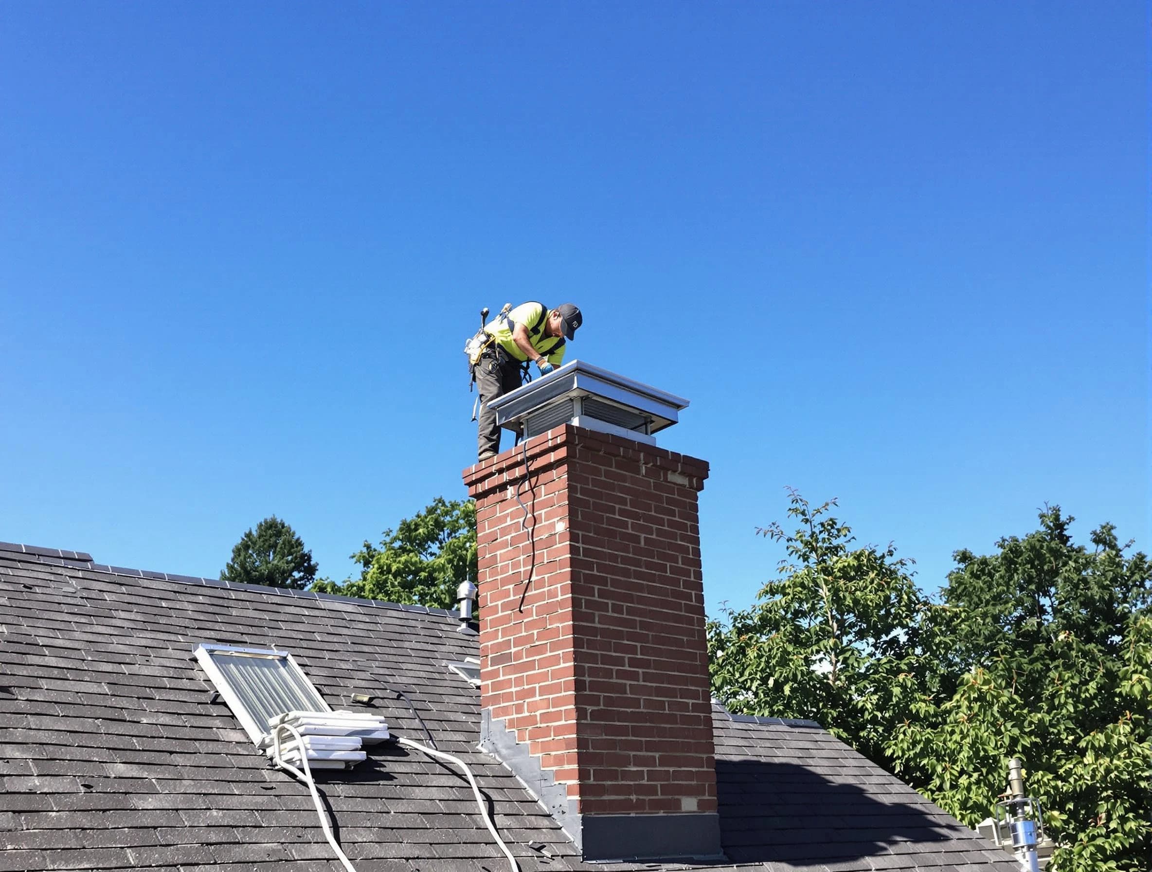 North Salt Lake Chimney Sweep technician measuring a chimney cap in North Salt Lake, UT